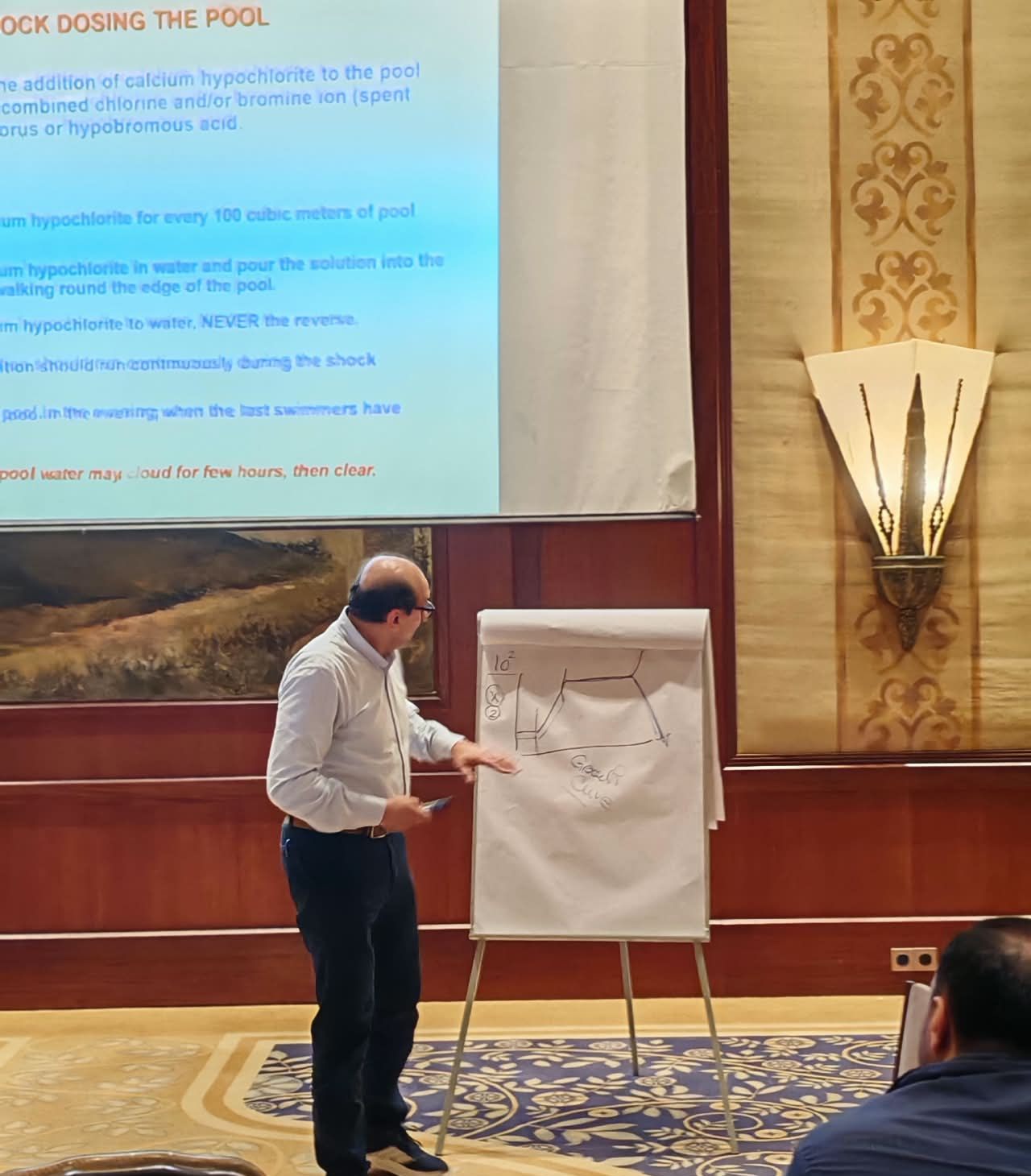 Presenter explaining a growth curve on a flip chart